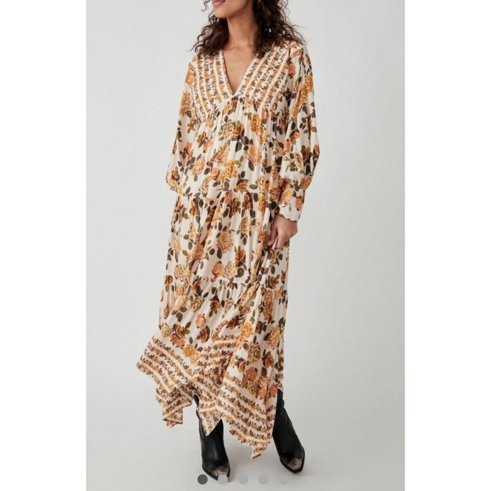 Free People Dress Rows of Roses Long Sleeve Boho Maxi Dress Women's Oversized - Picture 3 of 13